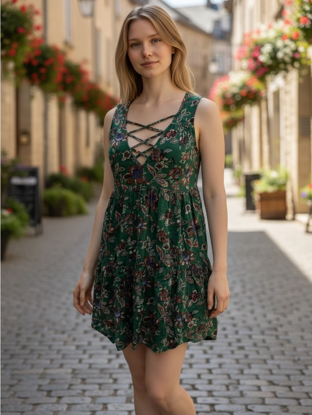American Eagle Outfitters Green Floral Lace-Up Mini Dress